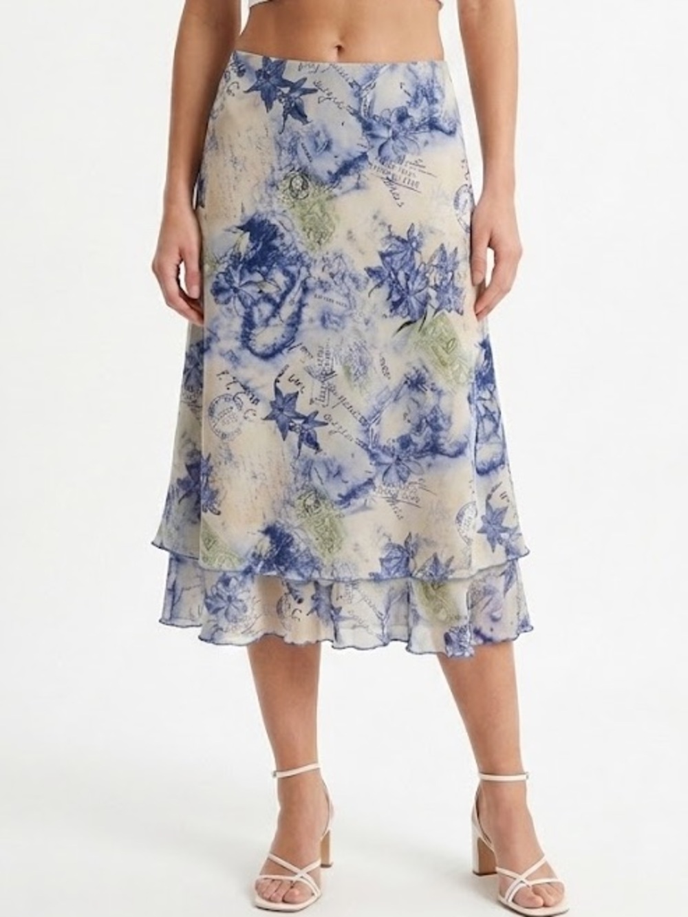 VINTAGE Blue and White Flowy Chiffon Tiered Midi Skirt - Coastal Euro Summer